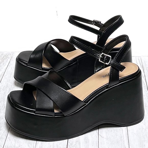 Shoes - New Black Cross Platform Wedge Sandals